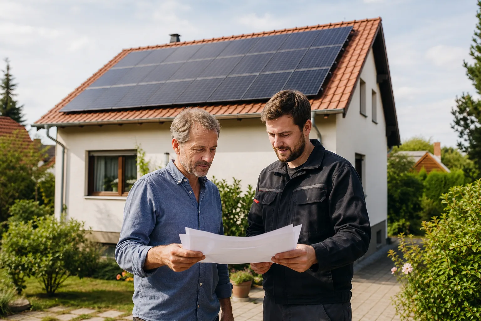 Hausbesitzer und Solarfachkraft besprechen neben einem Wohnhaus mit Photovoltaikdach die Planung einer neuen Anlage