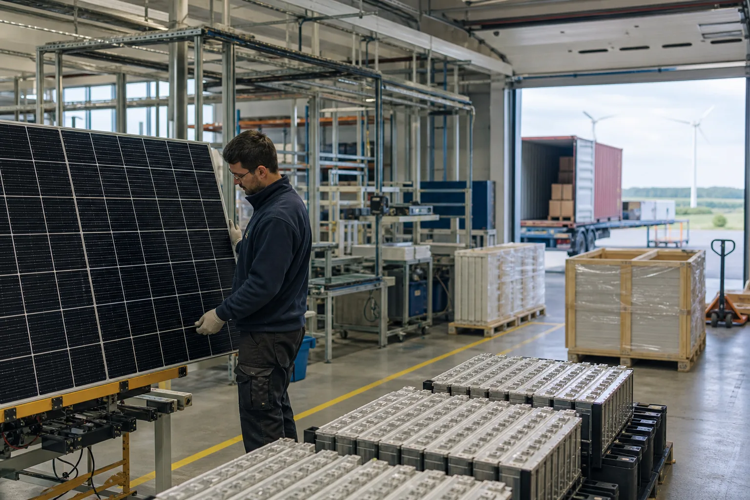 Arbeiter prüft unbeschriftete Solarmodule und Batteriezellen in einer europäischen Fertigungs- und Logistikhalle.