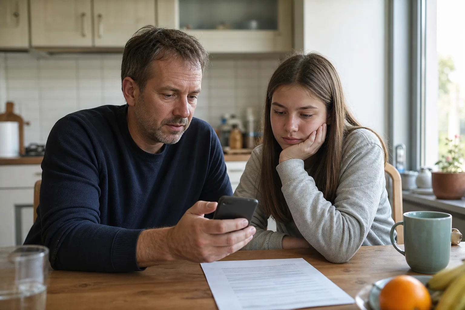 Elternteil und jugendliche Person betrachten ein neutrales Smartphone neben einem unspezifischen Gesetzesdokument
