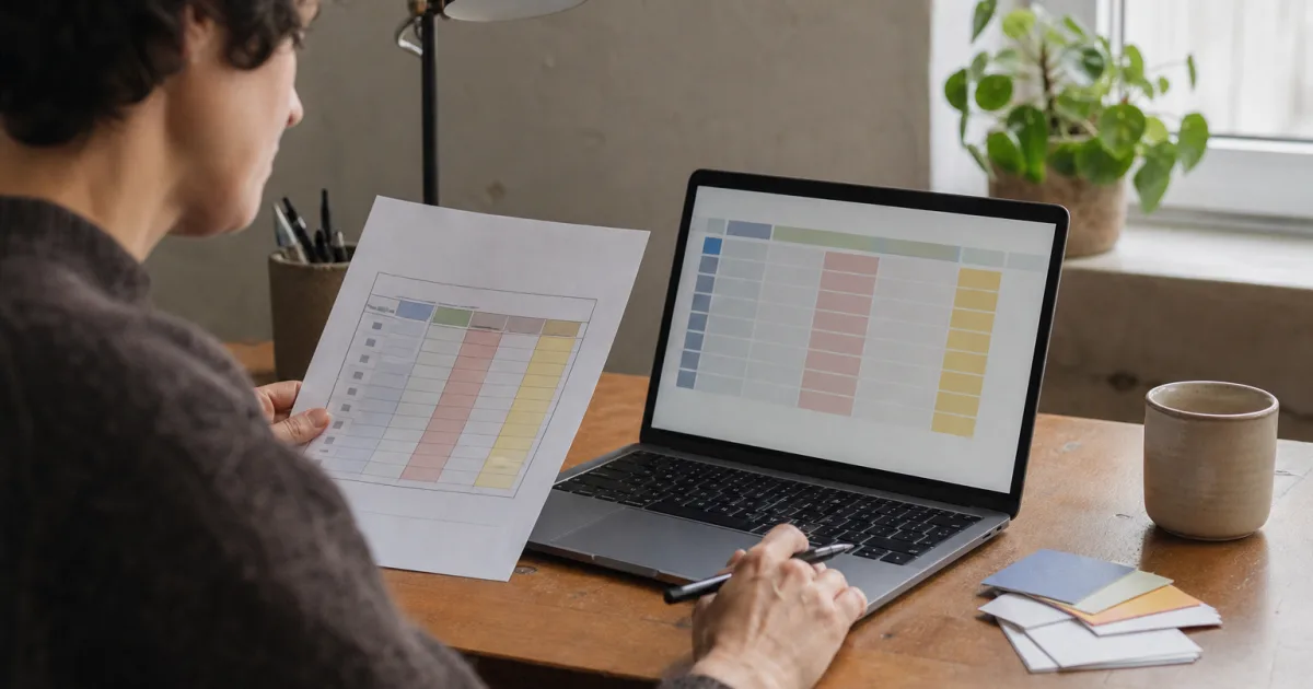 Eine Person vergleicht eine neutrale Tabelle auf Papier mit einer unbeschrifteten Rasteransicht am Laptop.