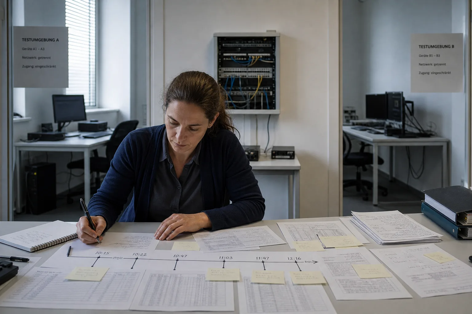 Unabhängige Prüferin ordnet Logs und Zeitstempel in einem Untersuchungsraum