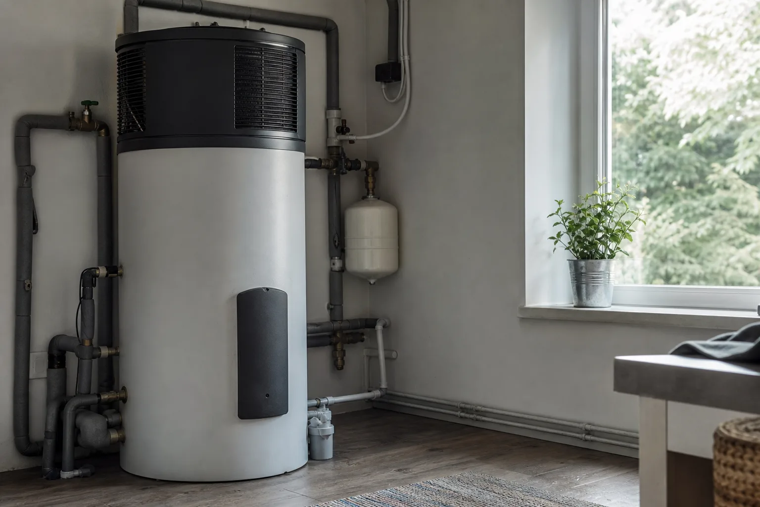 Unbeschrifteter Wärmepumpen-Wassererhitzer in einem neutralen Technikraum mit isolierten Leitungen