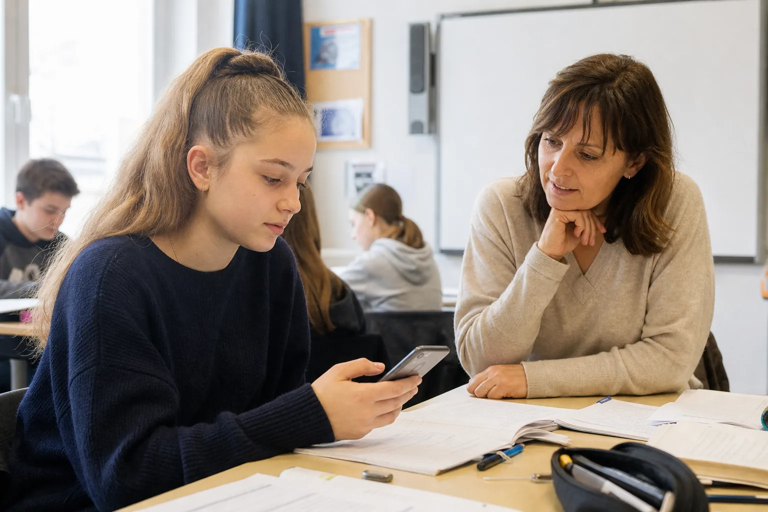 Schülerin arbeitet im Klassenraum mit einem Smartphone und bespricht Unterrichtsmaterial mit einer Lehrkraft