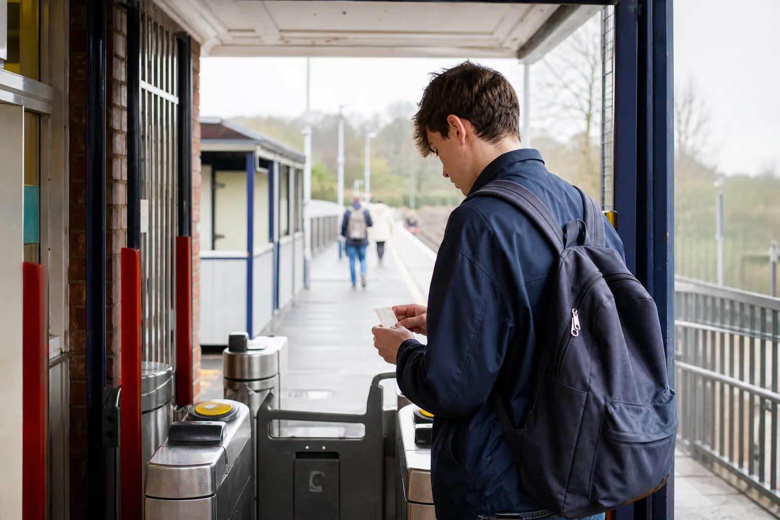 Junger Fahrgast mit Rucksack prüft an einem unbeschrifteten Bahnsteig eine neutrale Fahrkarte