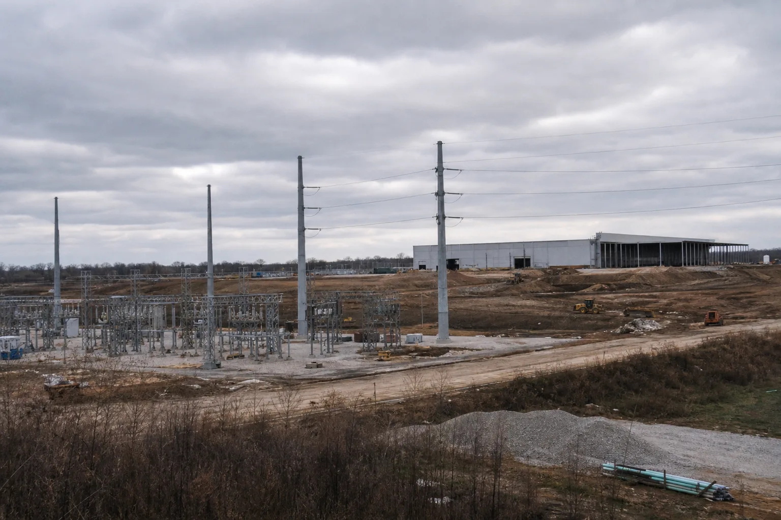 Unfertige Rechenzentrums- und Strominfrastruktur auf einem geplanten Industrieareal in Ohio.