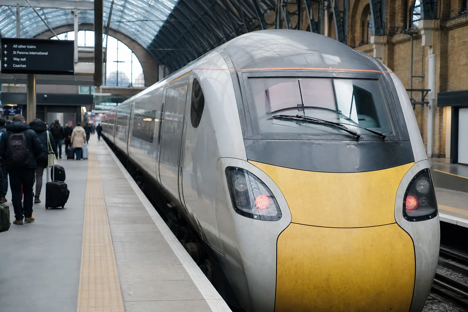 Neutraler Hochgeschwindigkeitszug an einem Londoner Bahnsteig als Symbol für mögliche internationale Bahnkonkurrenz