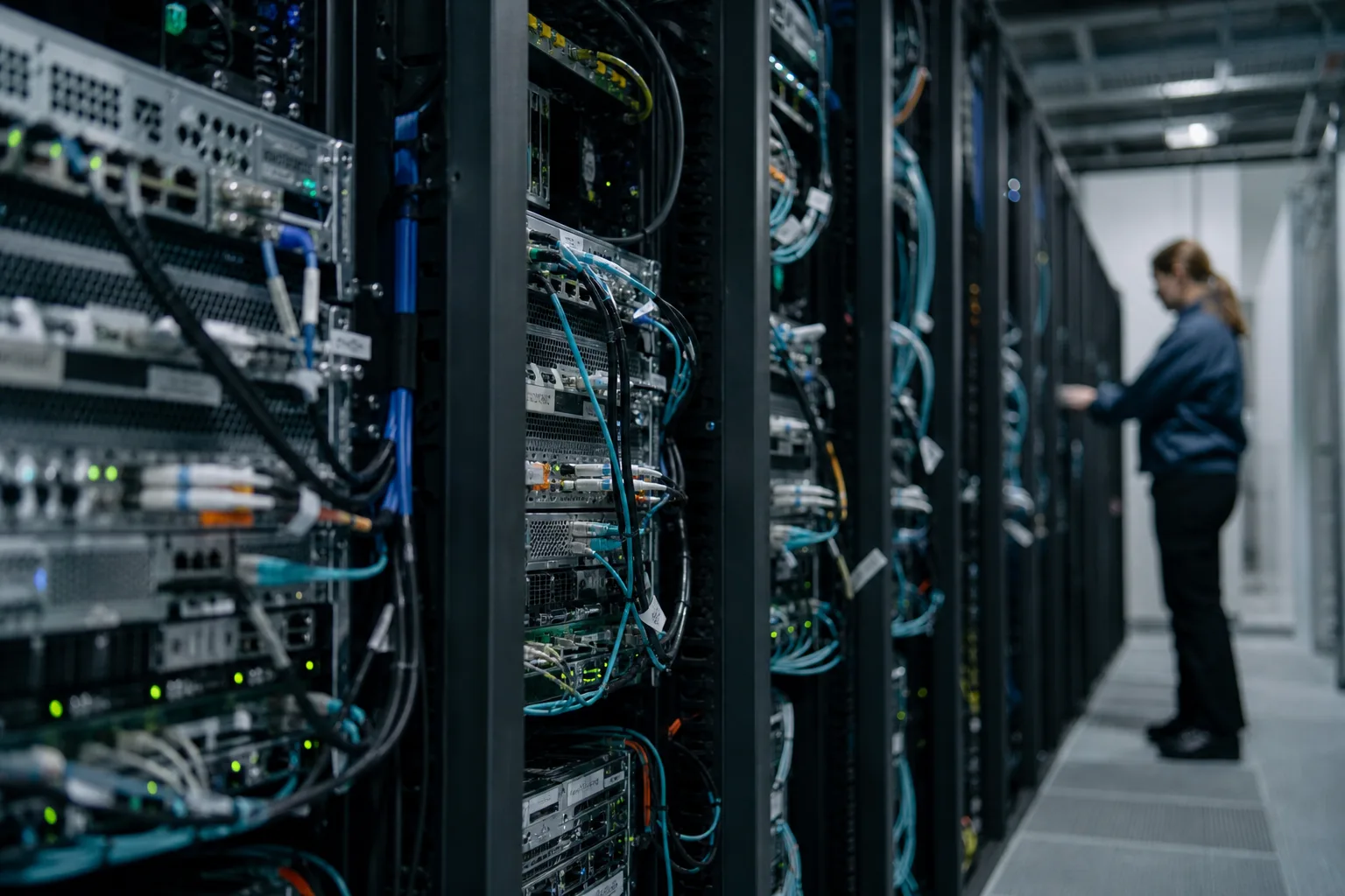Technikerin neben beleuchteten Serverracks und Glasfaserverbindungen in einem Rechenzentrum