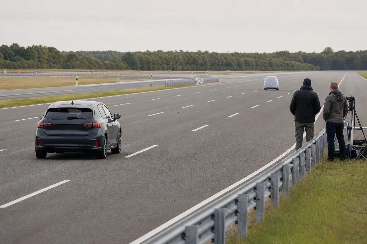 Anonymes Kompaktauto fährt auf einer abgesperrten Teststrecke auf ein neutrales weiches Fahrzeugziel zu, während zwei Techniker seitlich beobachten.