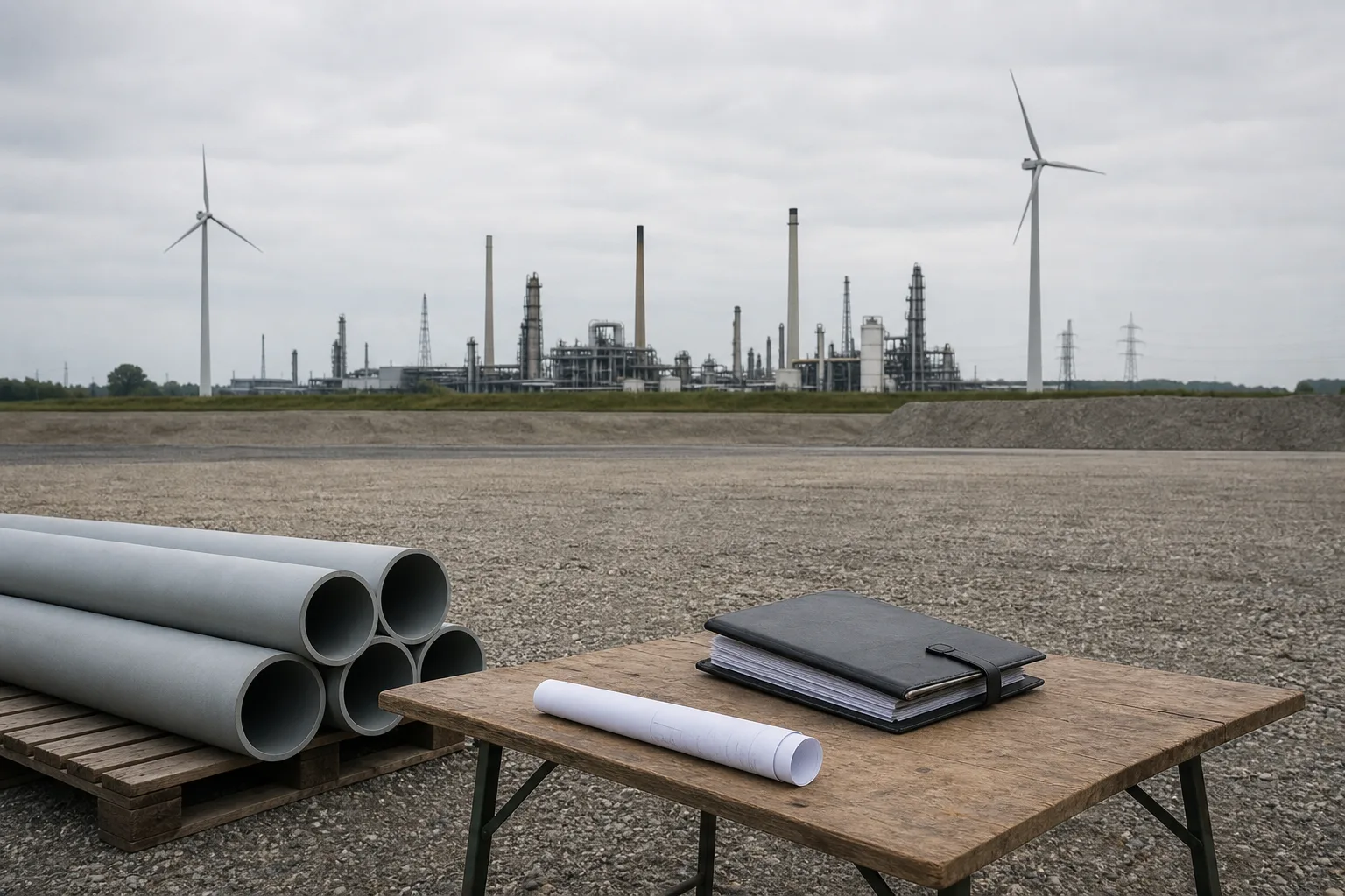 Symbolische Industrieszene mit leerer Fläche, unbeschrifteten Rohrsegmenten und einer geschlossenen Projektmappe vor einer entfernten Industrieanlage