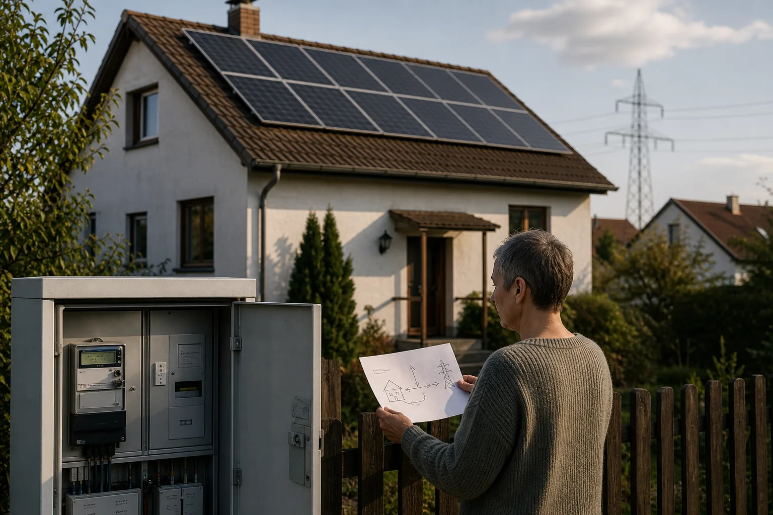 Person vor einem Wohnhaus mit Solardach prüft an einem neutralen Stromzähler den Weg überschüssiger Energie ins Netz