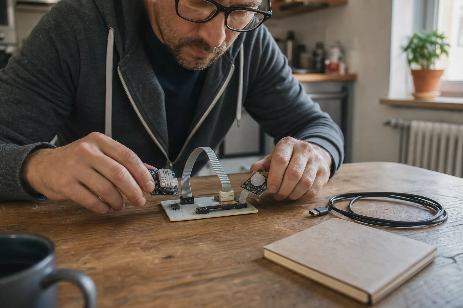 Eine Person verbindet zwei unmarkierte Sensormodule per Flachbandkabel mit einem kleinen Entwicklungsboard an einem Küchentisch.
