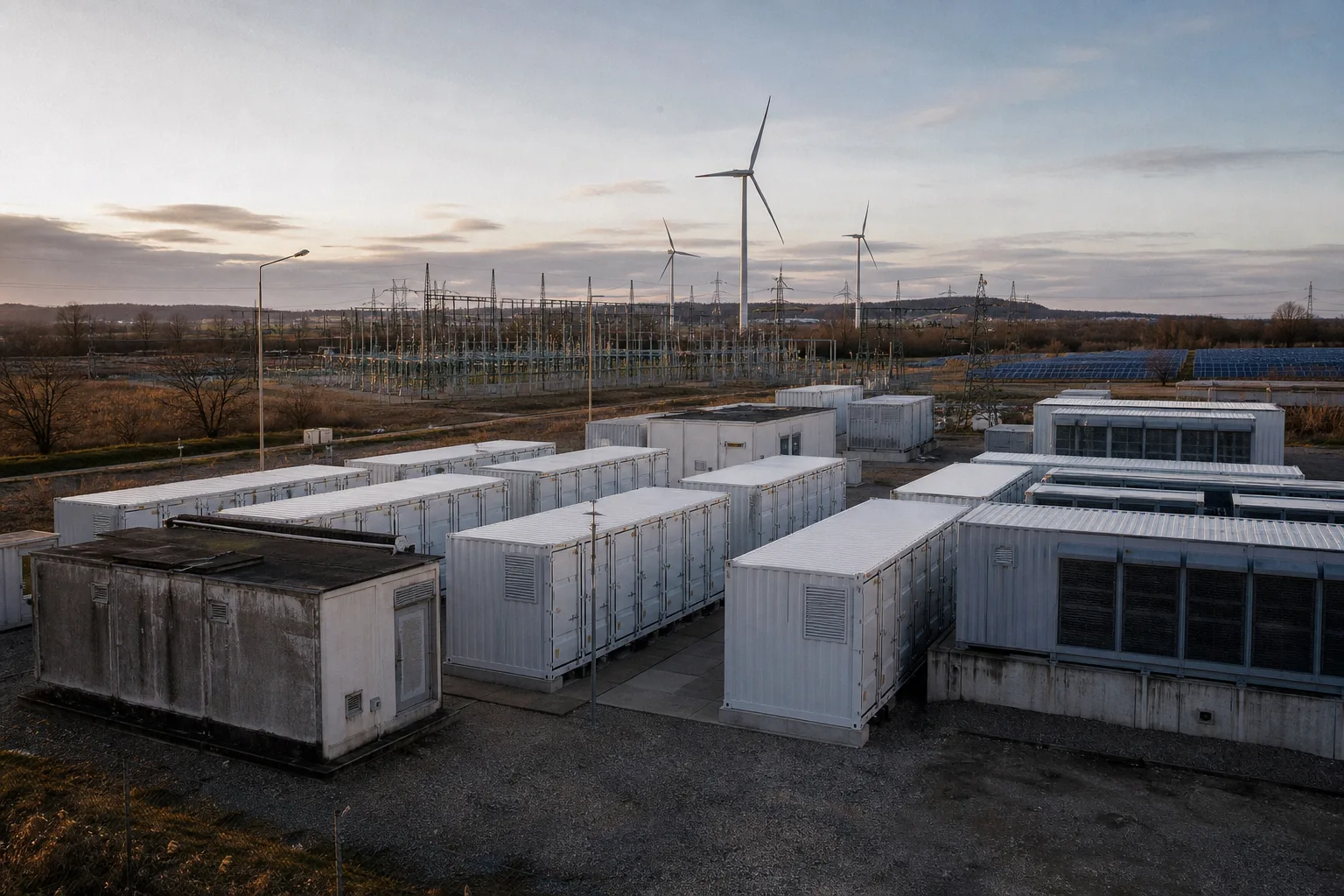 Illustrative Ansicht eines Batteriespeicherverbunds neben einem Umspannwerk mit Windrädern und Solarflächen im Hintergrund