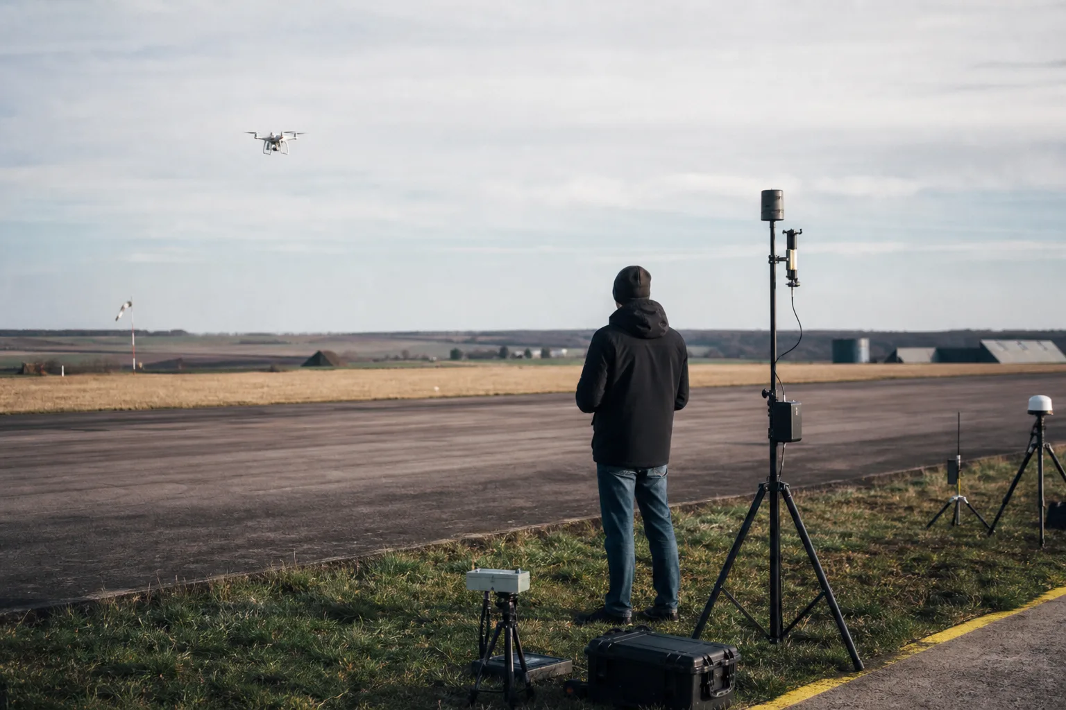 Forschungsflughafen mit offener Testfläche, neutraler Messausrüstung und einer kleinen zivilen Drohne im kontrollierten Erprobungsumfeld.