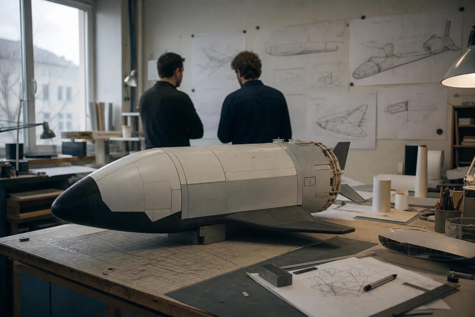 Unmarkiertes Konzeptmodell eines Raumfahrzeugs auf einem Tisch in einem europäischen Entwicklungsstudio