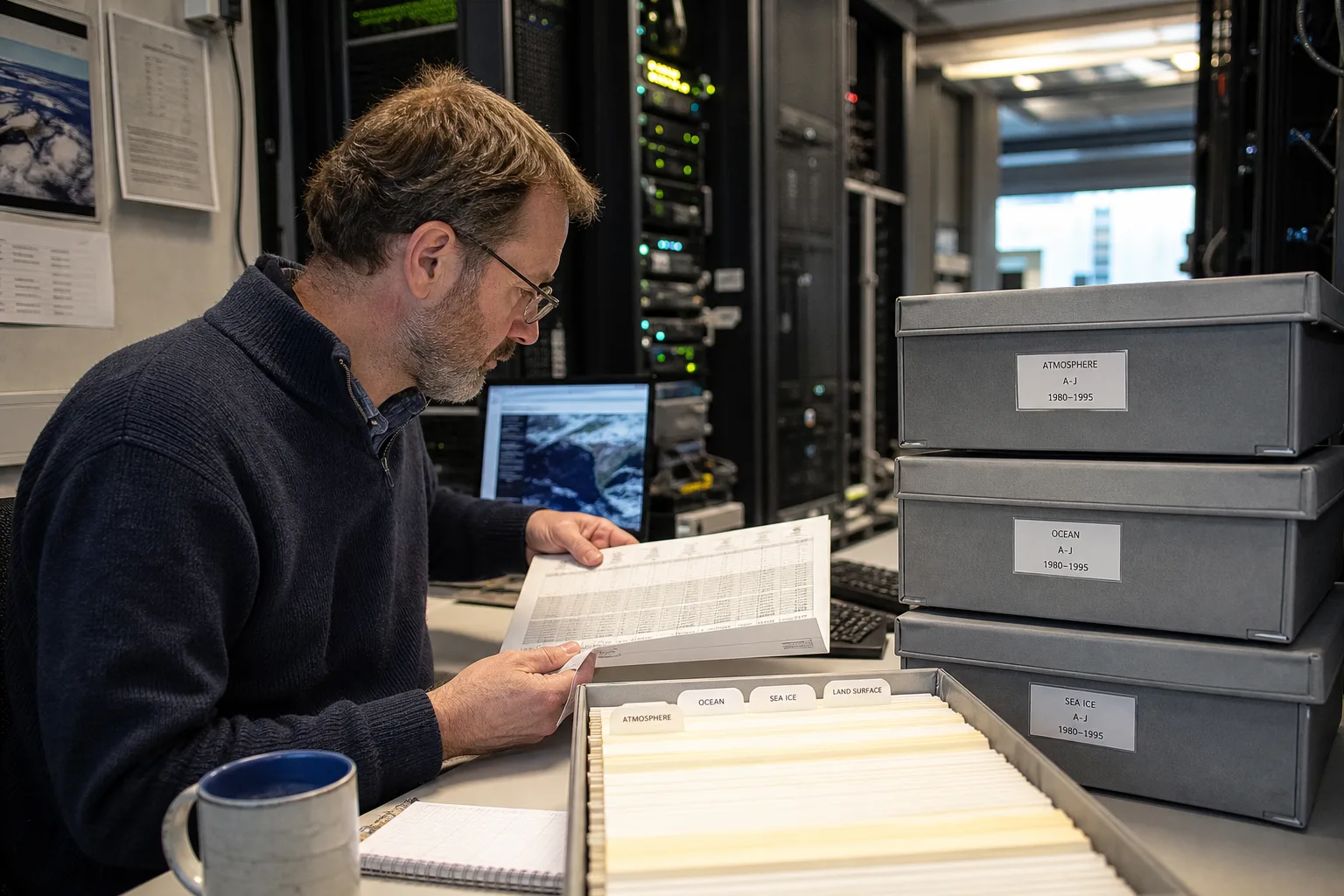 Forscherin prüft einen Datenkatalog neben Archivbehältern in einer Forschungsumgebung mit Rechenzentrum im Hintergrund