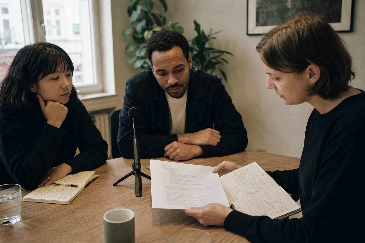 Drei Kolleginnen und Kollegen prüfen Meetingnotizen an einem Tisch mit neutralem Mikrofon und Notizbuch