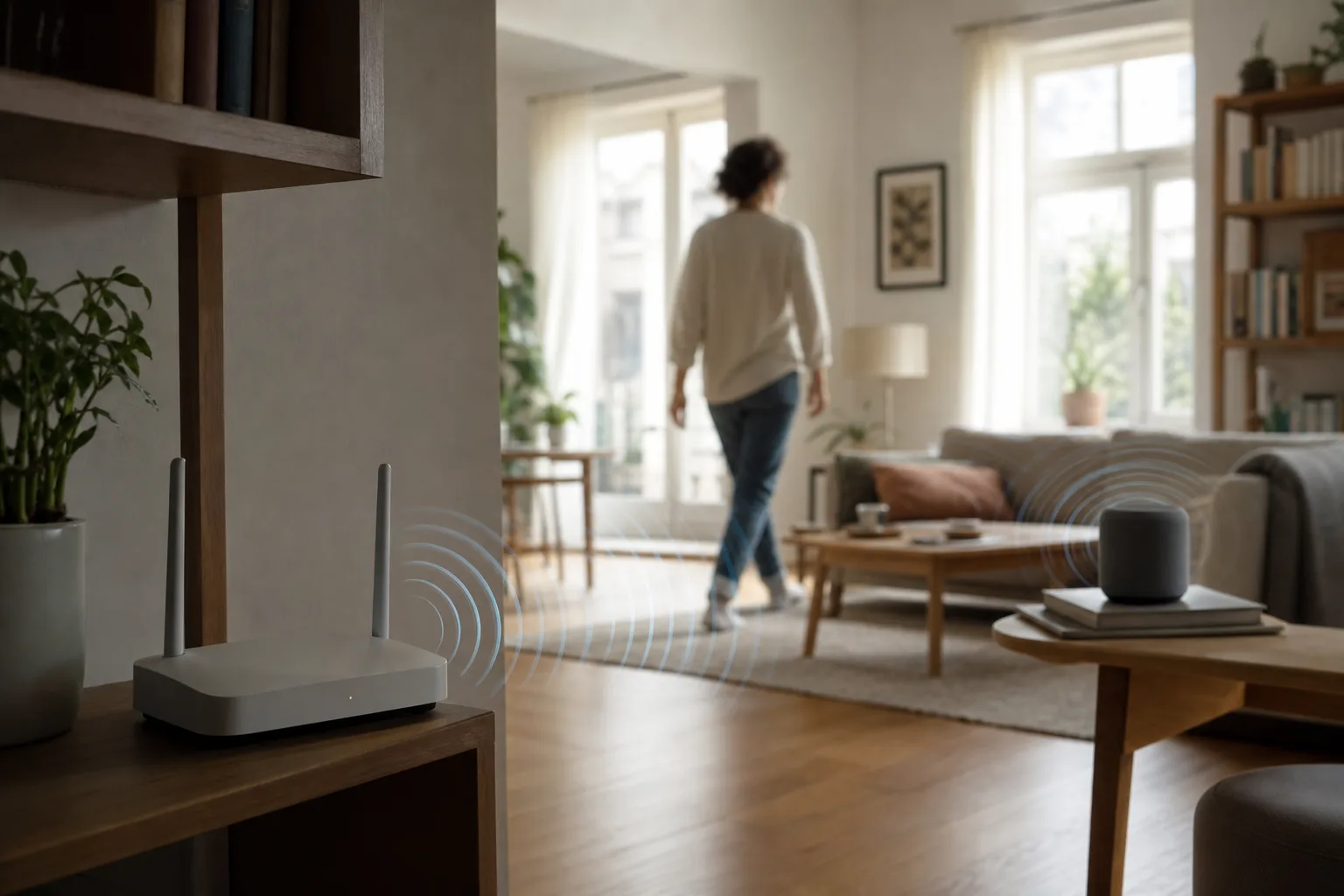 Neutraler WLAN-Router in einer Wohnung mit einer sich bewegenden Person und angedeuteten Funksignalwellen