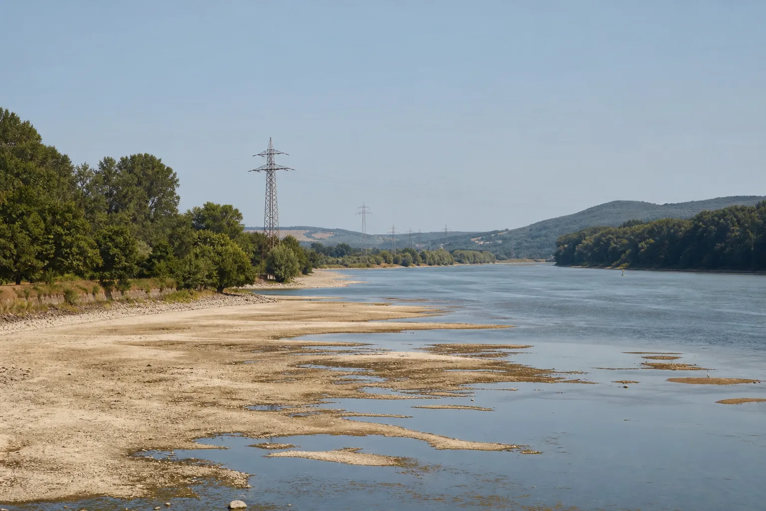 Niedriger Donau-Wasserstand mit freiliegenden Ufern und einer Hochspannungsleitung in der sommerlichen Landschaft