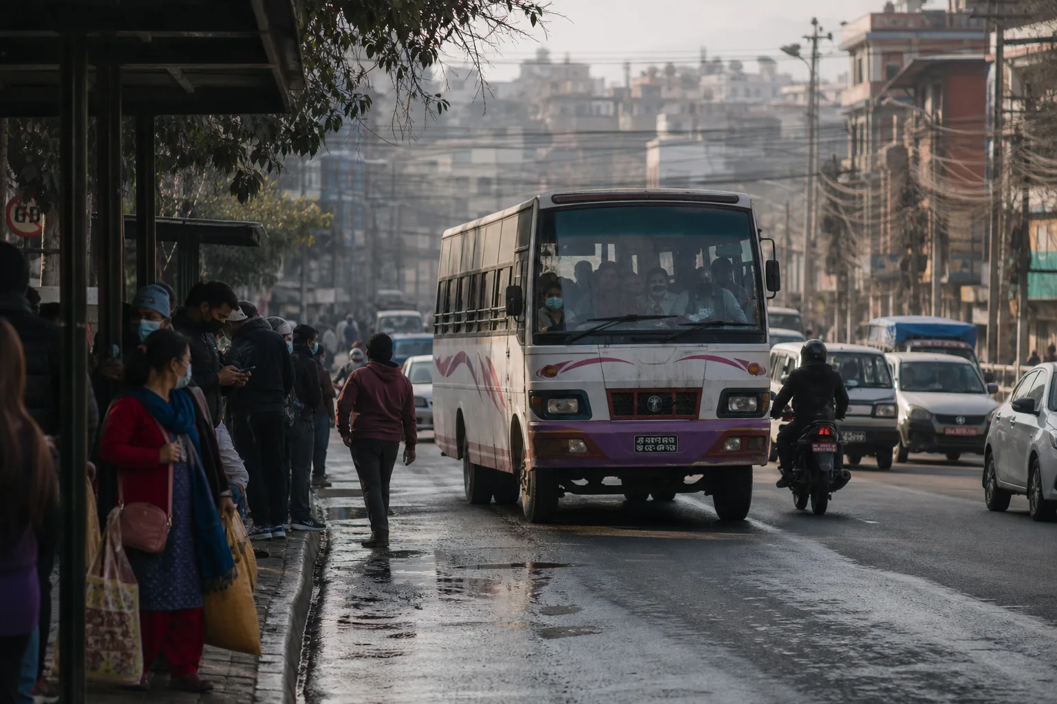 Öffentlicher Bus im Kathmandu Valley an einer Haltestelle mit wartenden Fahrgästen