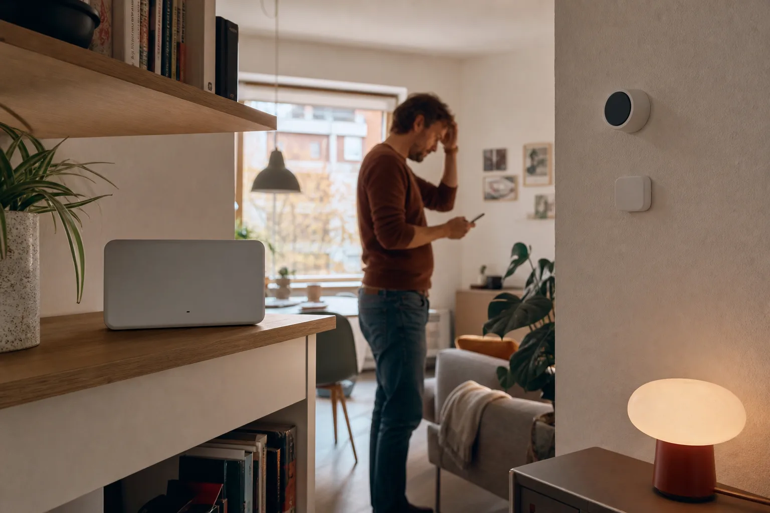 Person prüft eine Smart-Home-Störung in einer Wohnung mit neutralem Router, Lampe und Thermostat