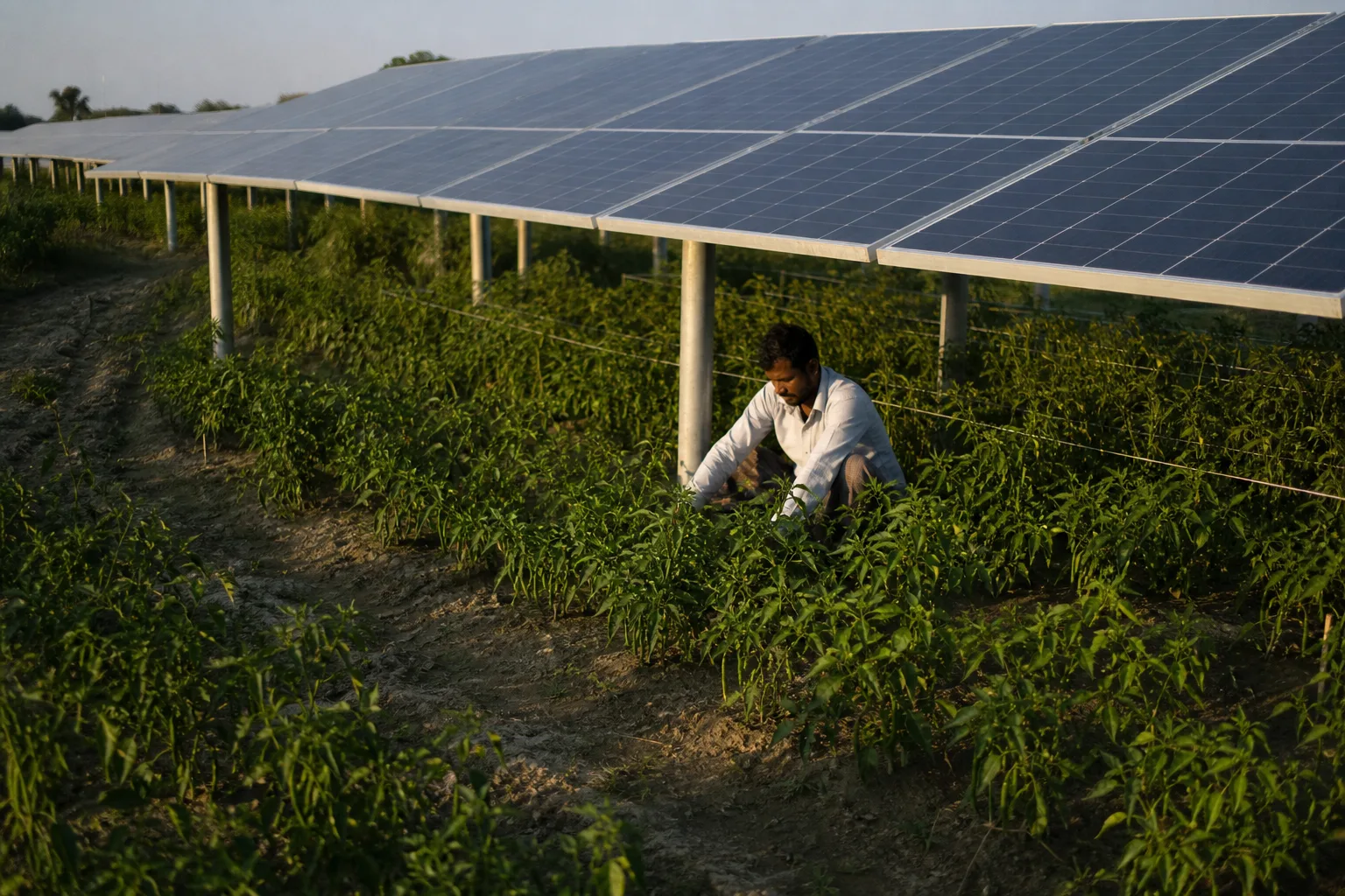 Erhöhte Solarmodule über Reihen grüner Chilipflanzen auf einem Agrivoltaik-Testfeld in Chuadanga