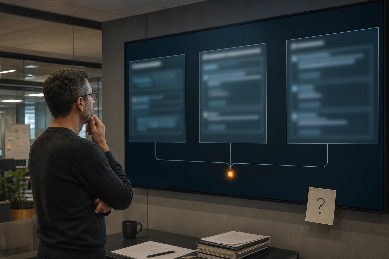 IT-Verantwortlicher betrachtet verbundene abstrakte Interaktionen und ein begrenztes Aktivitätssignal auf einem neutralen Display