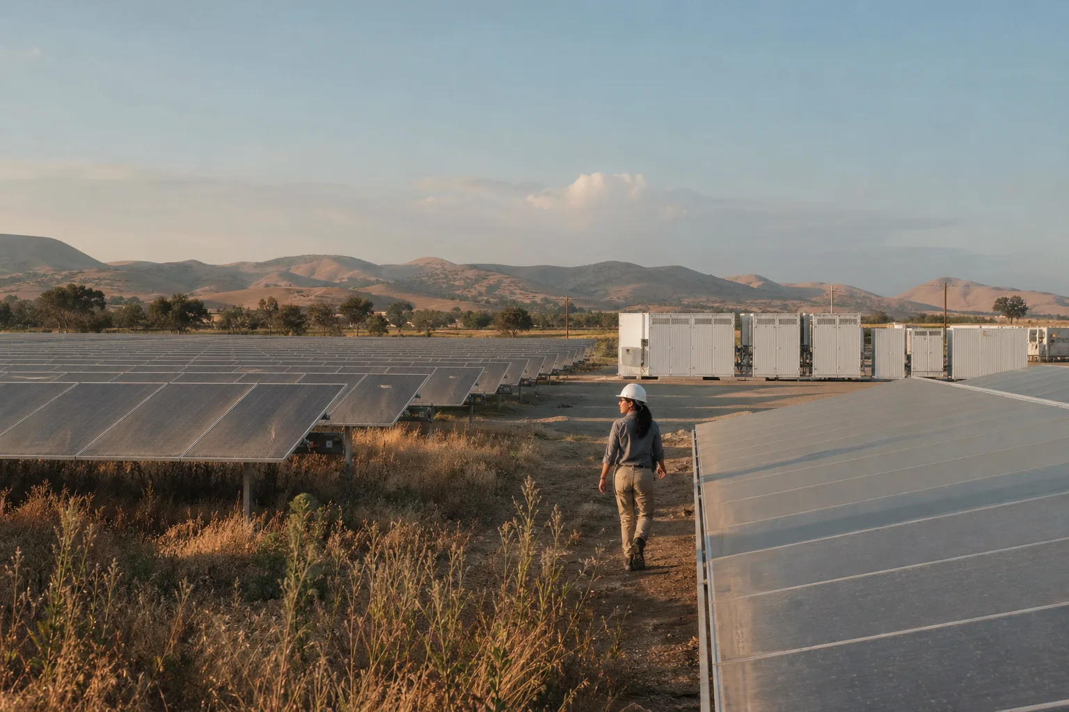 Solarreihen in einer trockenen kalifornischen Landschaft, im Hintergrund unmarkierte Batteriespeichercontainer.
