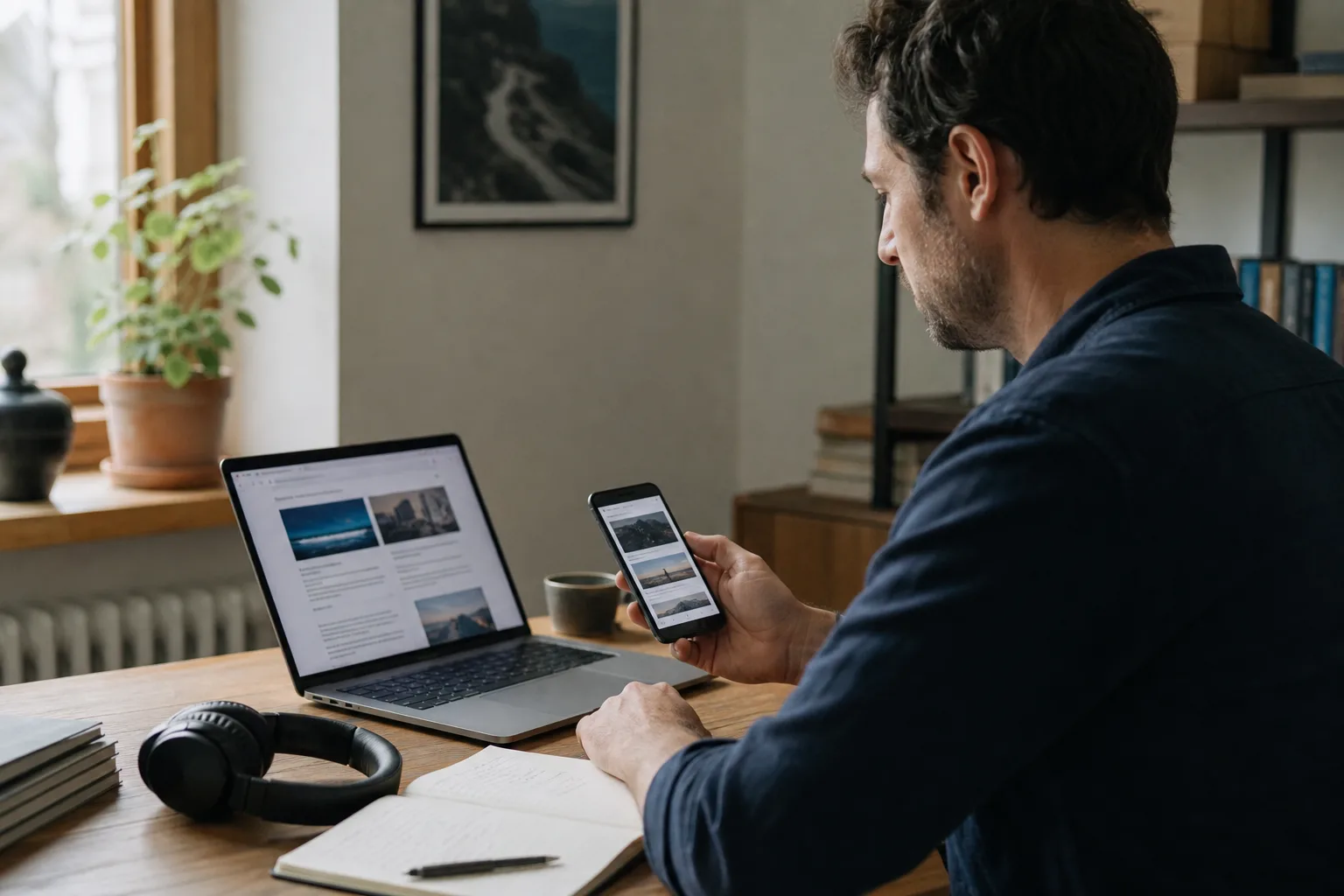 Leser mit Smartphone Laptop und Kopfhörern als Symbol für Quellenwahl Discover-Wünsche und News-Audio