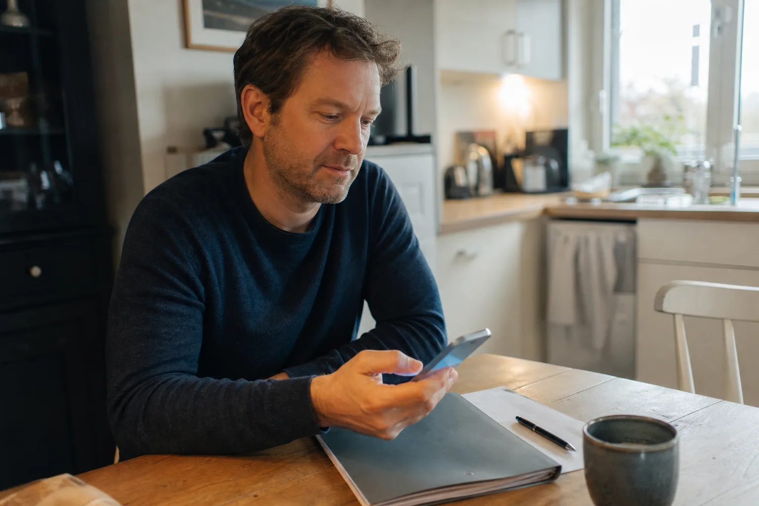 Eine erwachsene Person sitzt am Küchentisch mit einem neutralen Smartphone, Bankunterlagen, Stift und Tasse; der Bildschirm zeigt keine lesbaren Finanzdaten oder Logos.