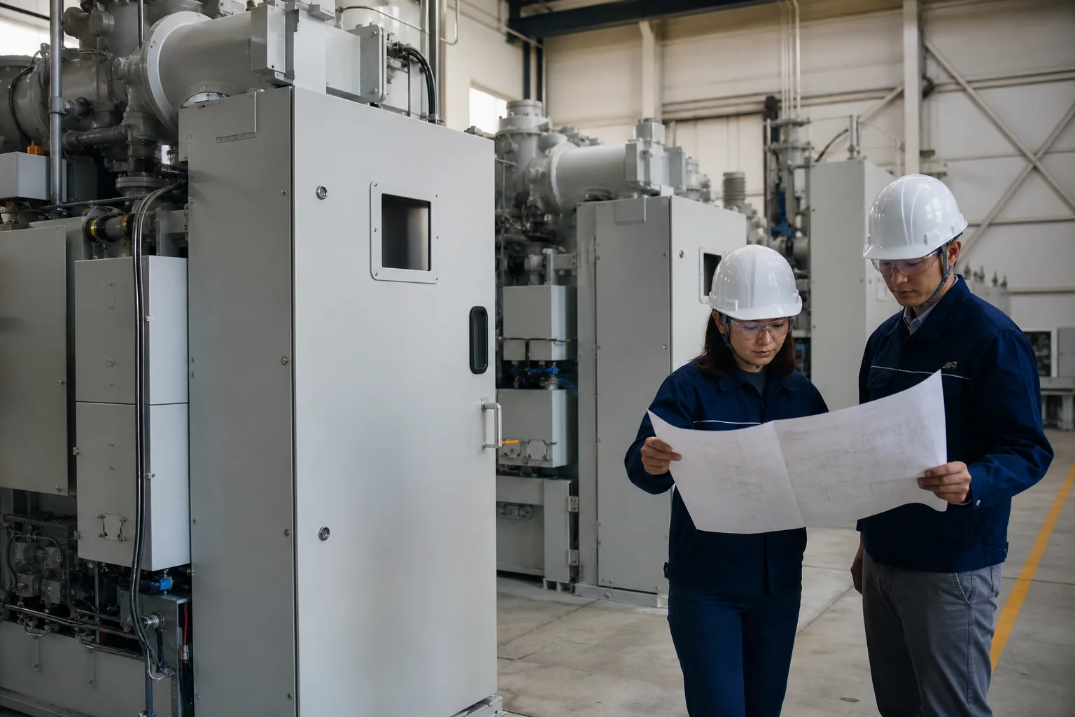 Ingenieurteam prüft Pläne neben einem geschlossenen gasisolierten Hochspannungs-Schaltfeld