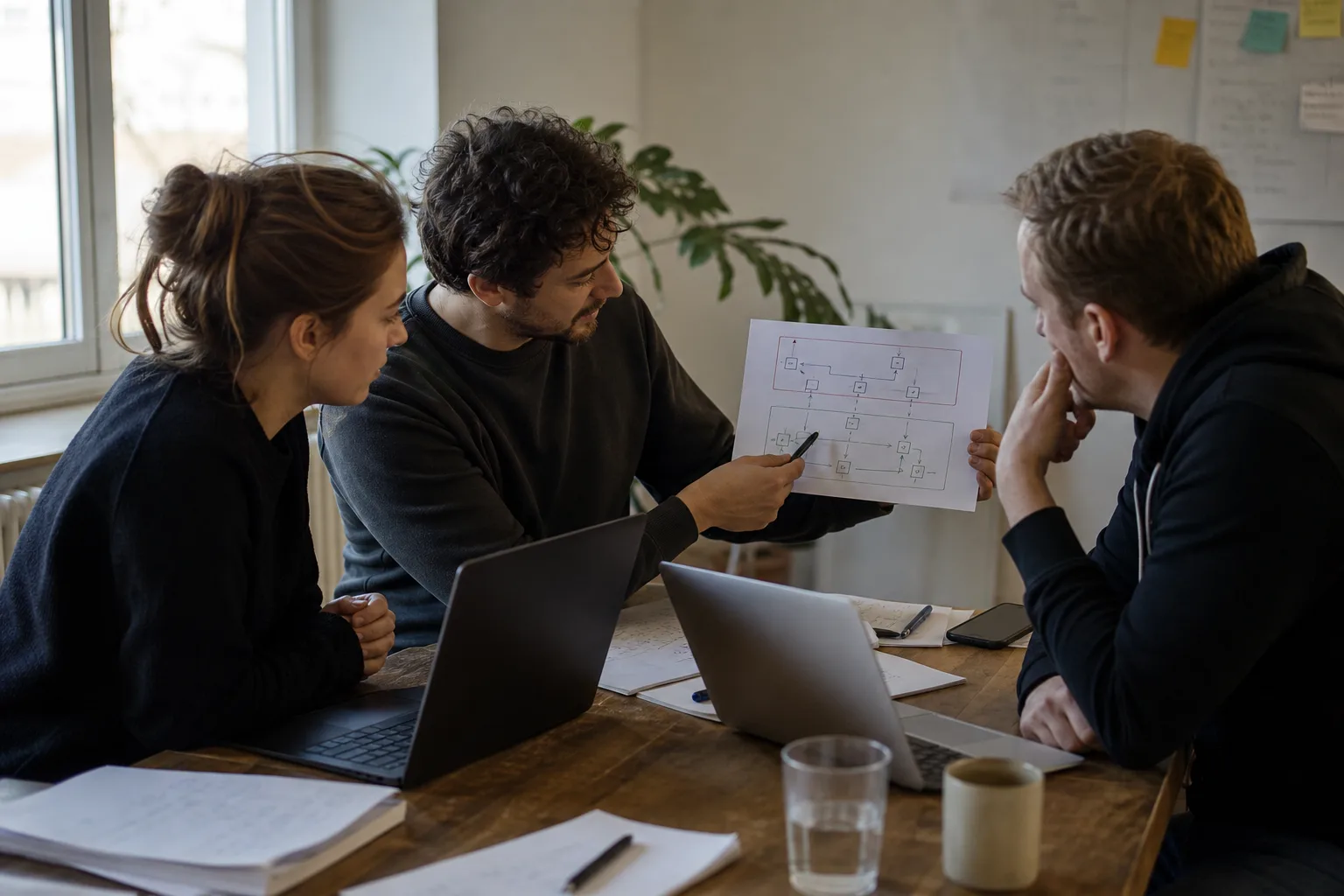 Softwareteam prüft gemeinsam eine abgegrenzte Testmigration an einem Arbeitstisch
