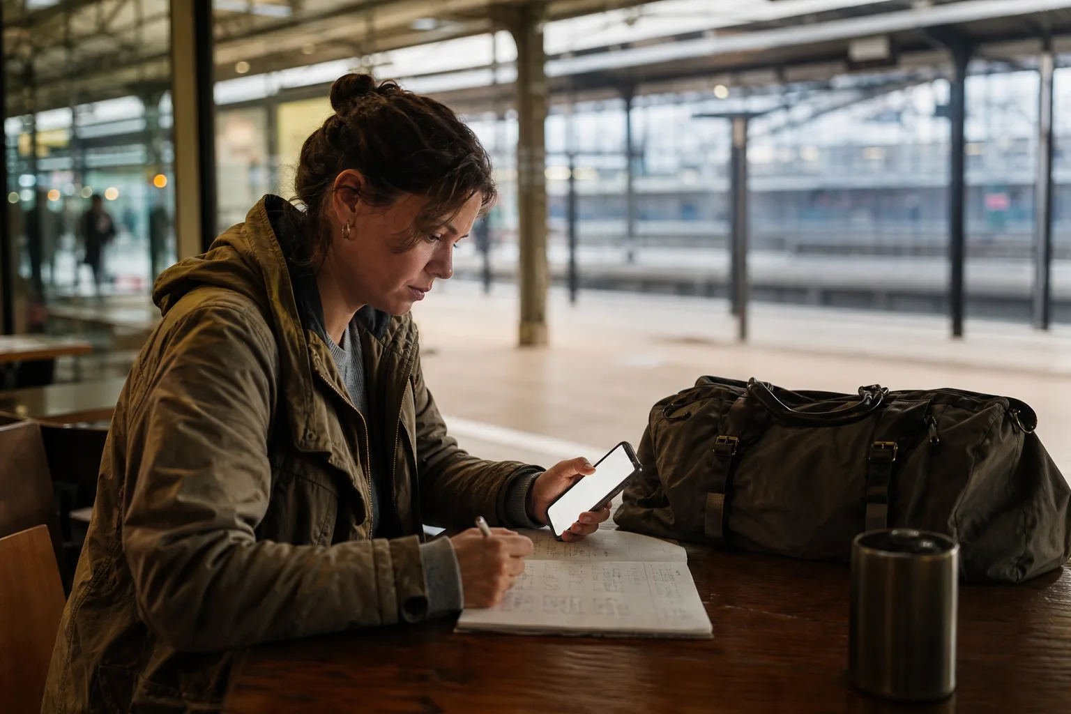 Eine erwachsene Reisende vergleicht in einer Bahnhofshalle eine handschriftliche Reiseplanung mit einem neutralen Smartphone; im Hintergrund liegt ein unscharfer Bahnsteig ohne Logos oder lesbare Anzeigen.