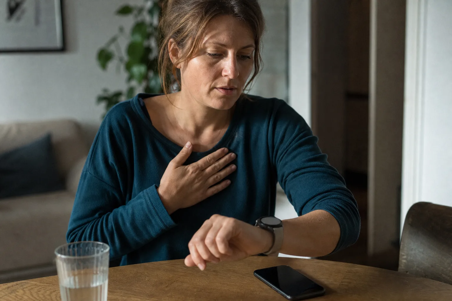 Person trägt eine unmarkierte Smartwatch, während ein Smartphone in der Nähe liegt