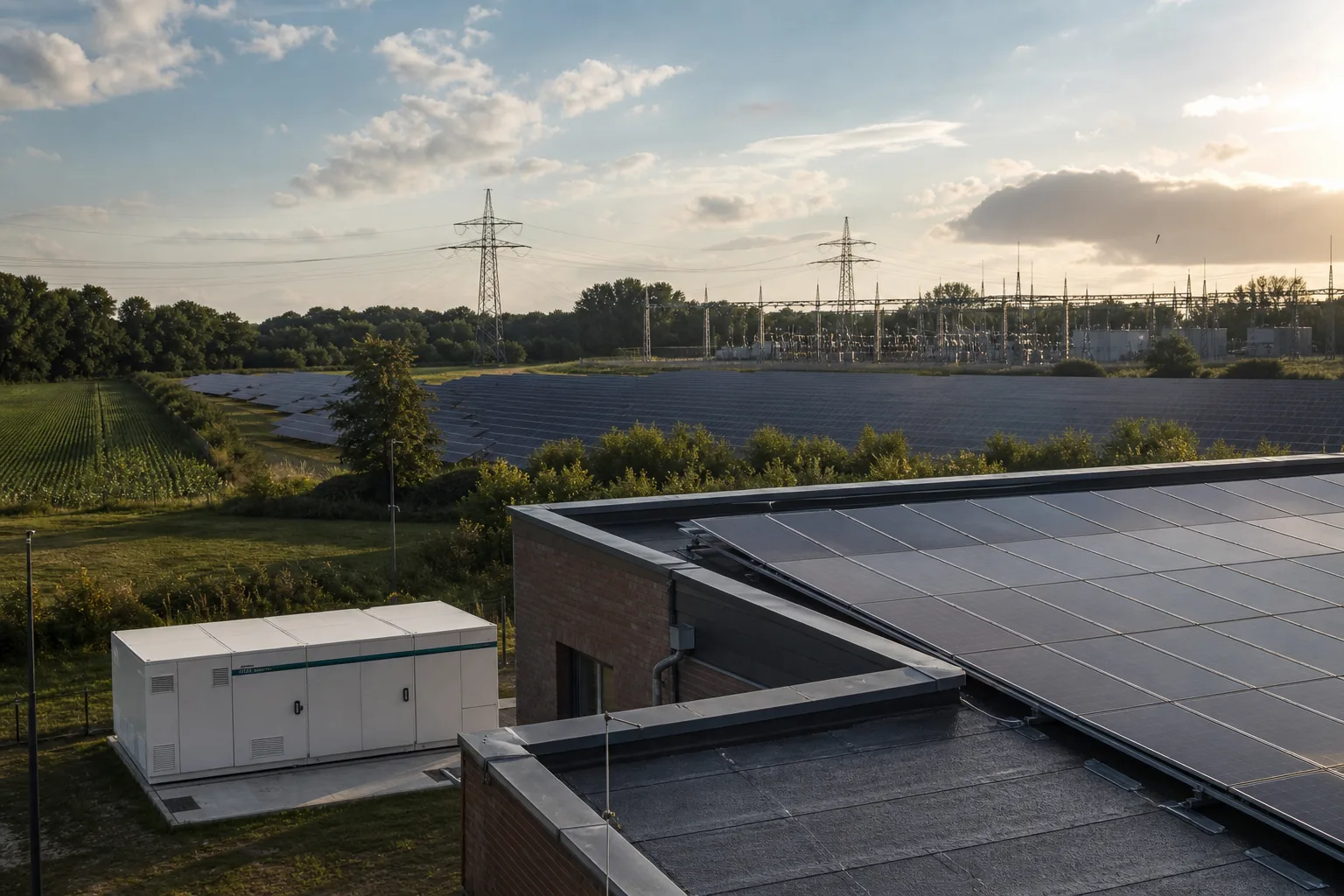 Solarmodule auf Dach und Freifläche mit einer Netzstation am Horizont
