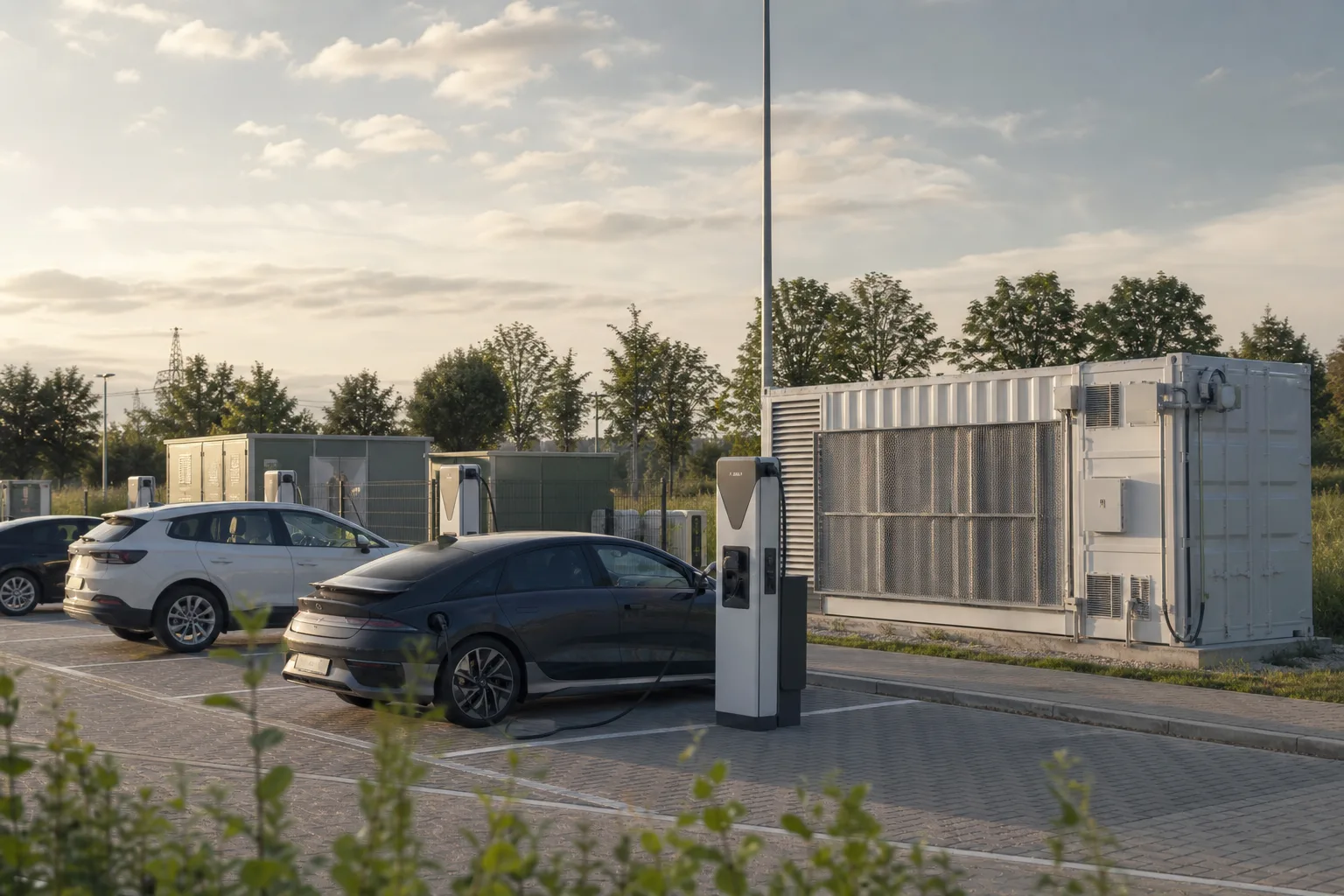 Unbeschrifteter Schnellladepark mit mehreren Elektroautos, Batteriespeicher und Netzstation