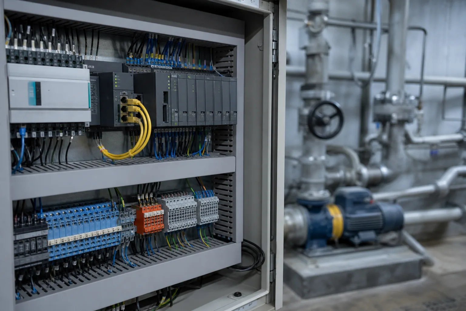 Unmarkierter PLC-Schaltschrank mit Ethernet-Leitungen vor Rohrleitung, Ventil und Pumpeneinheit in einer industriellen OT-Umgebung