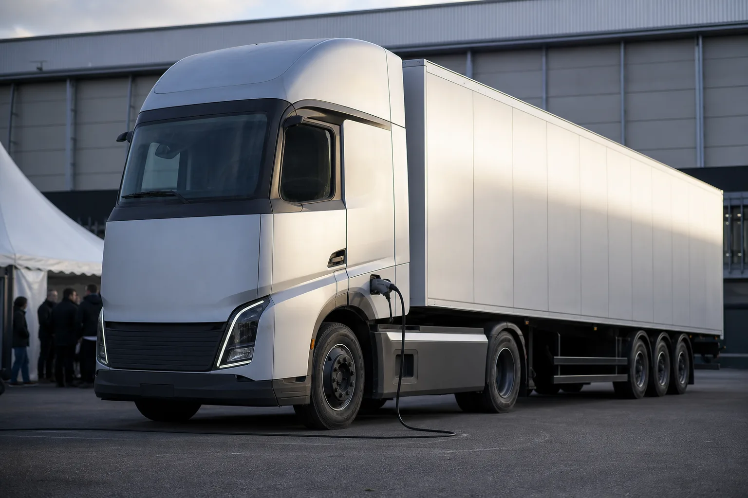 Unmarkierter elektrischer Sattelzug auf einem europäischen Logistikgelände nahe einer neutralen Messehalle