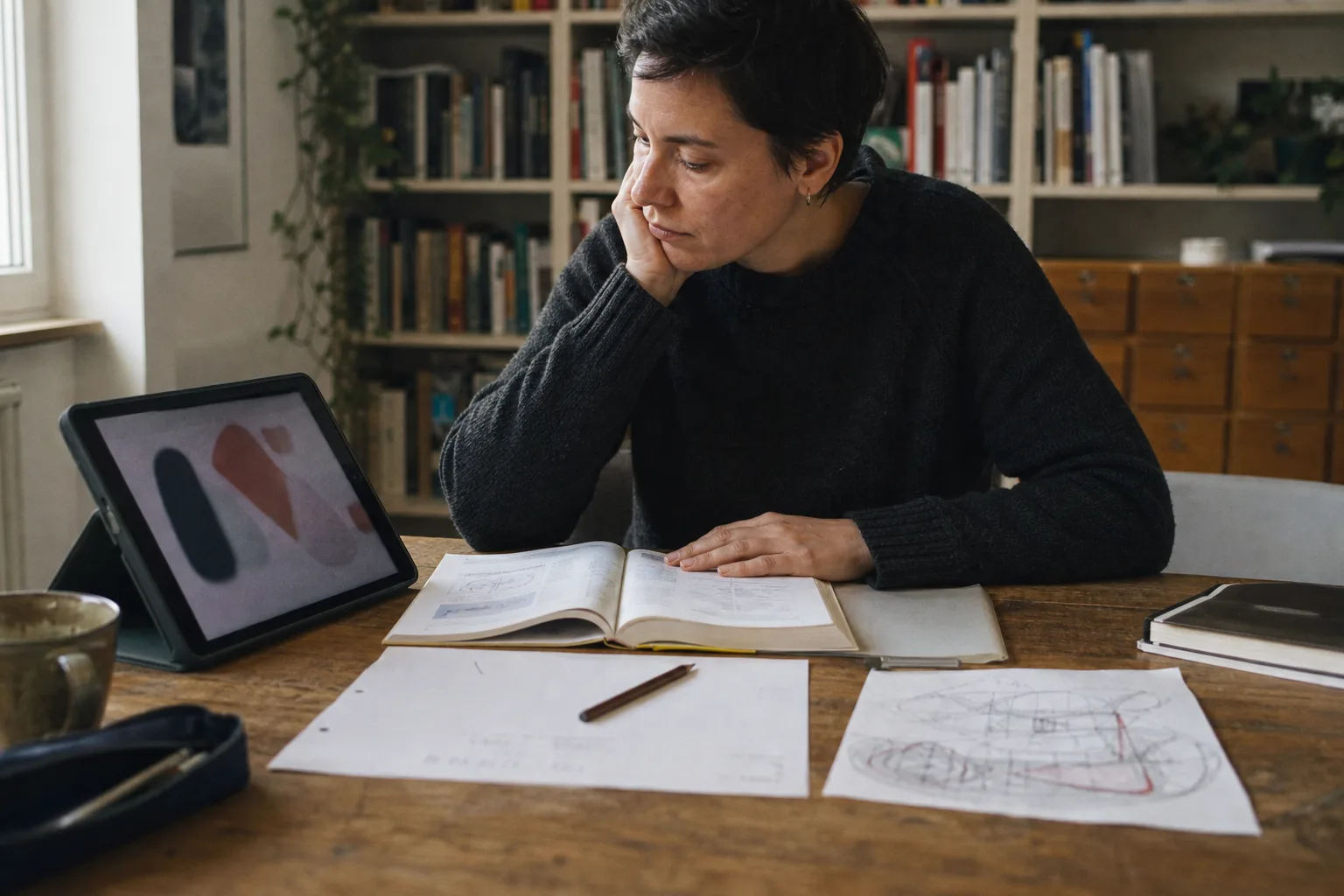 Erwachsene lernende Person vergleicht ein neutrales Tablet mit Lehrbuch und handschriftlichen Notizen an einem Tisch.