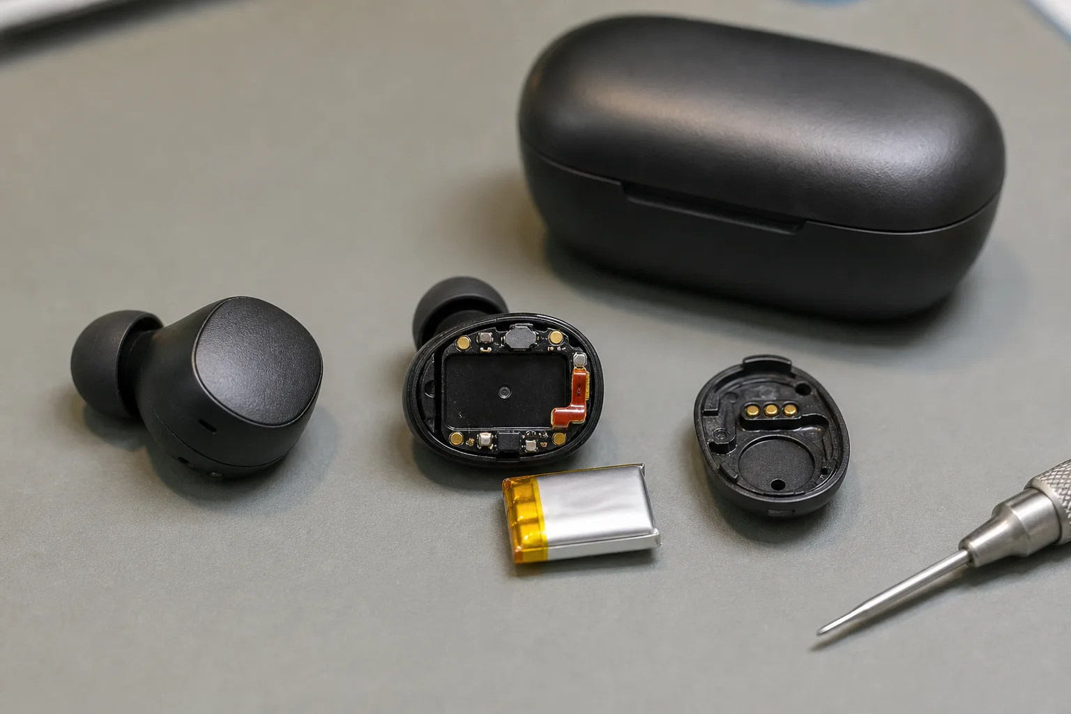 Unmarkierter True-Wireless-Ohrhörer auf einer Reparaturunterlage mit sichtbar separater Akku-Zelle neben einem geschlossenen Ladecase