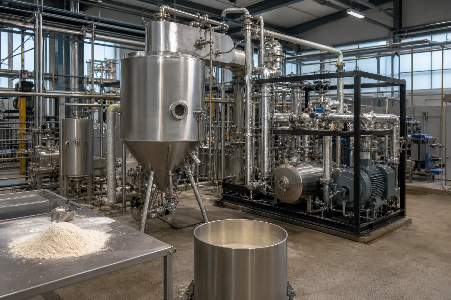 Unmarkierte industrielle Versuchsanlage mit Edelstahl-Sprühtrockner, isolierten Rohrleitungen und Verdichterstrecke
