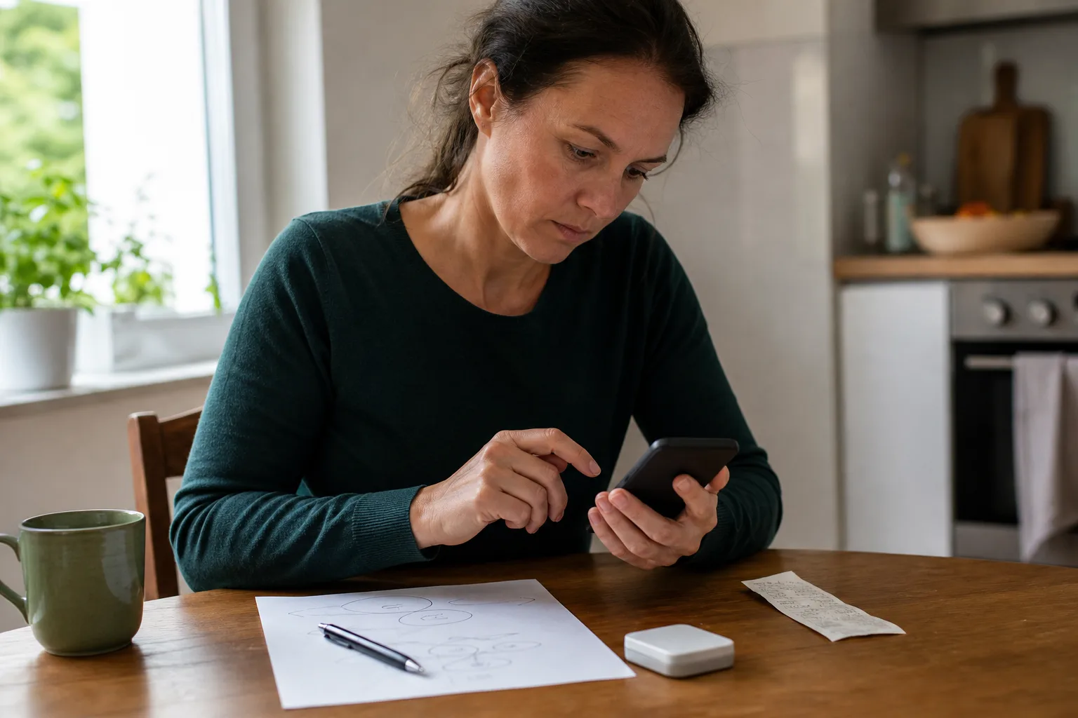 Person entscheidet an einem Küchentisch, welche Berechtigung eine neutrale Smartphone-App für eine konkrete Alltagshandlung benötigt
