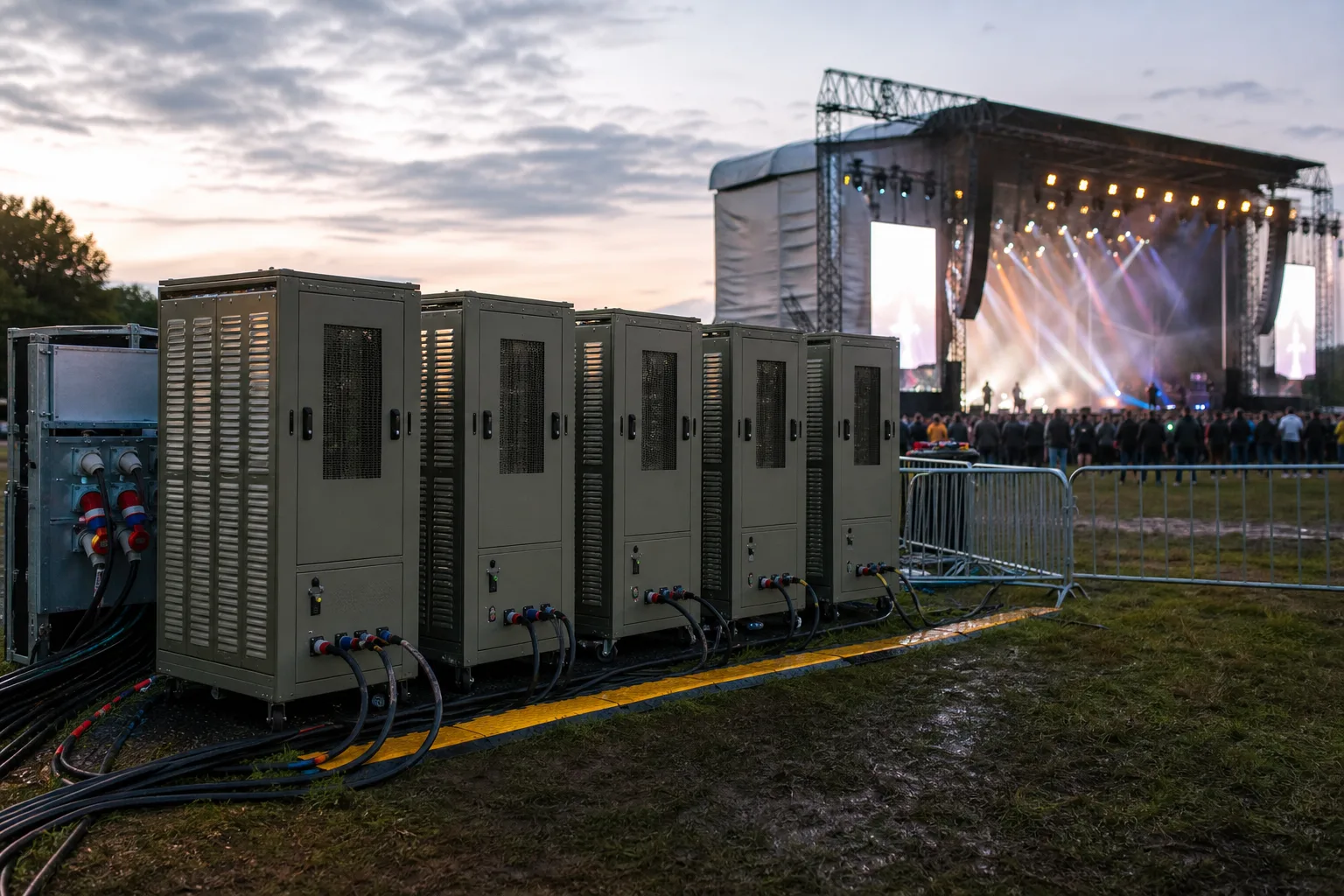 Temporäre Batteriespeicher stehen neben einer beleuchteten Festivalbühne und ihrer Strominfrastruktur