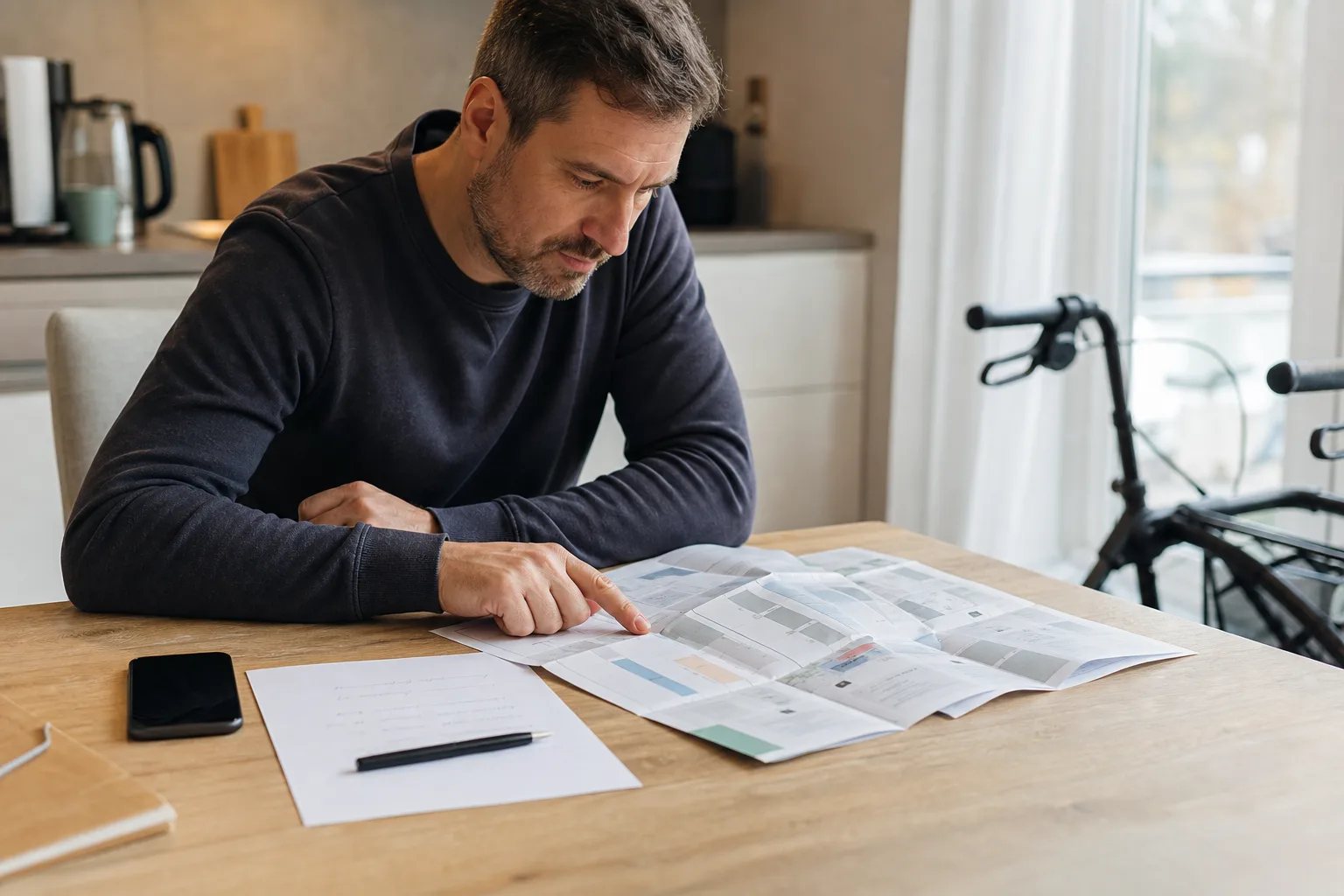 Person plant mit Smartphone und Notizen einen barriereärmeren Messebesuch neben einem neutralen Hallenplan