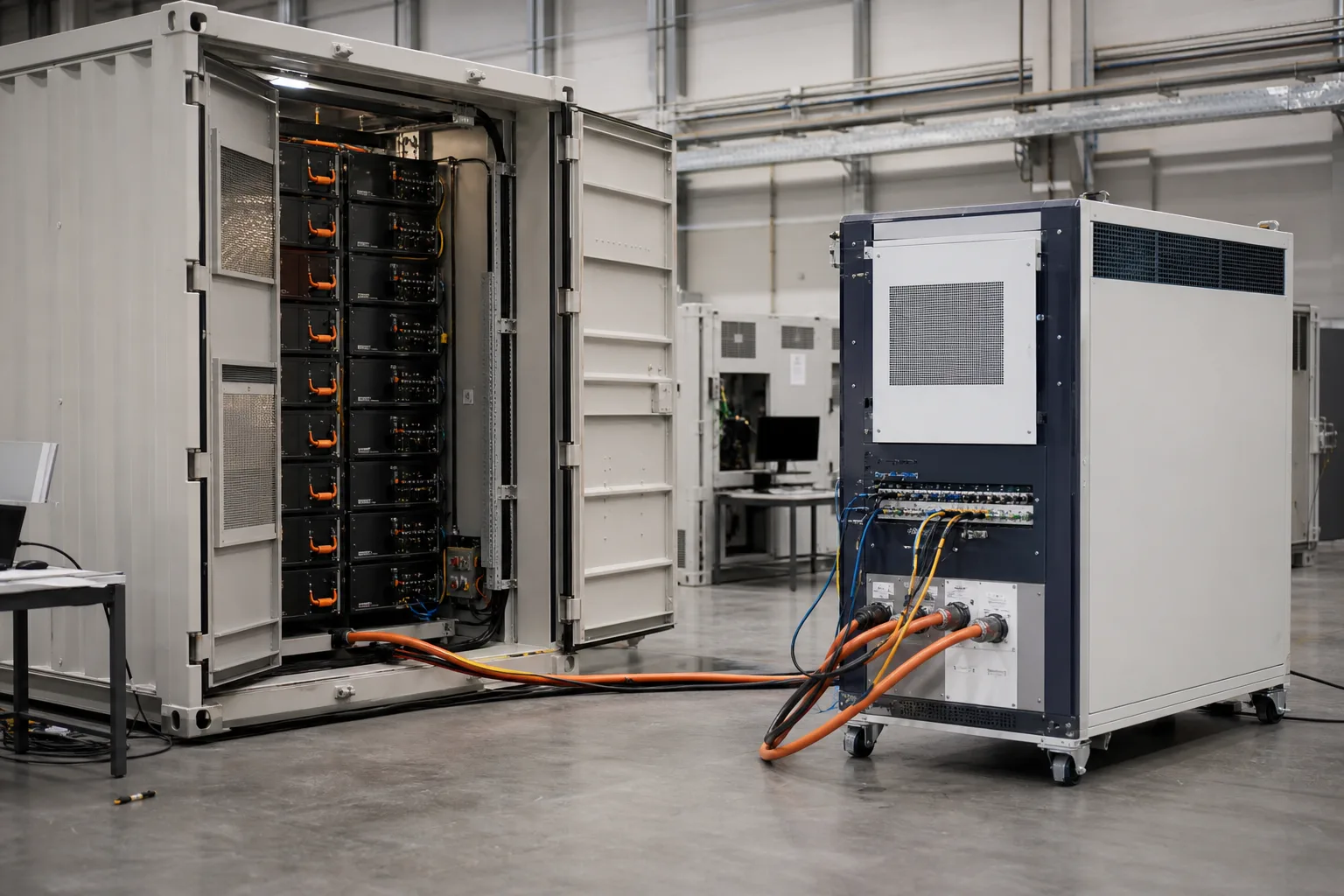 Neutraler Batteriespeicher-Container ist über Messleitungen mit einem mobilen Netzsimulator in einer industriellen Prüfumgebung verbunden