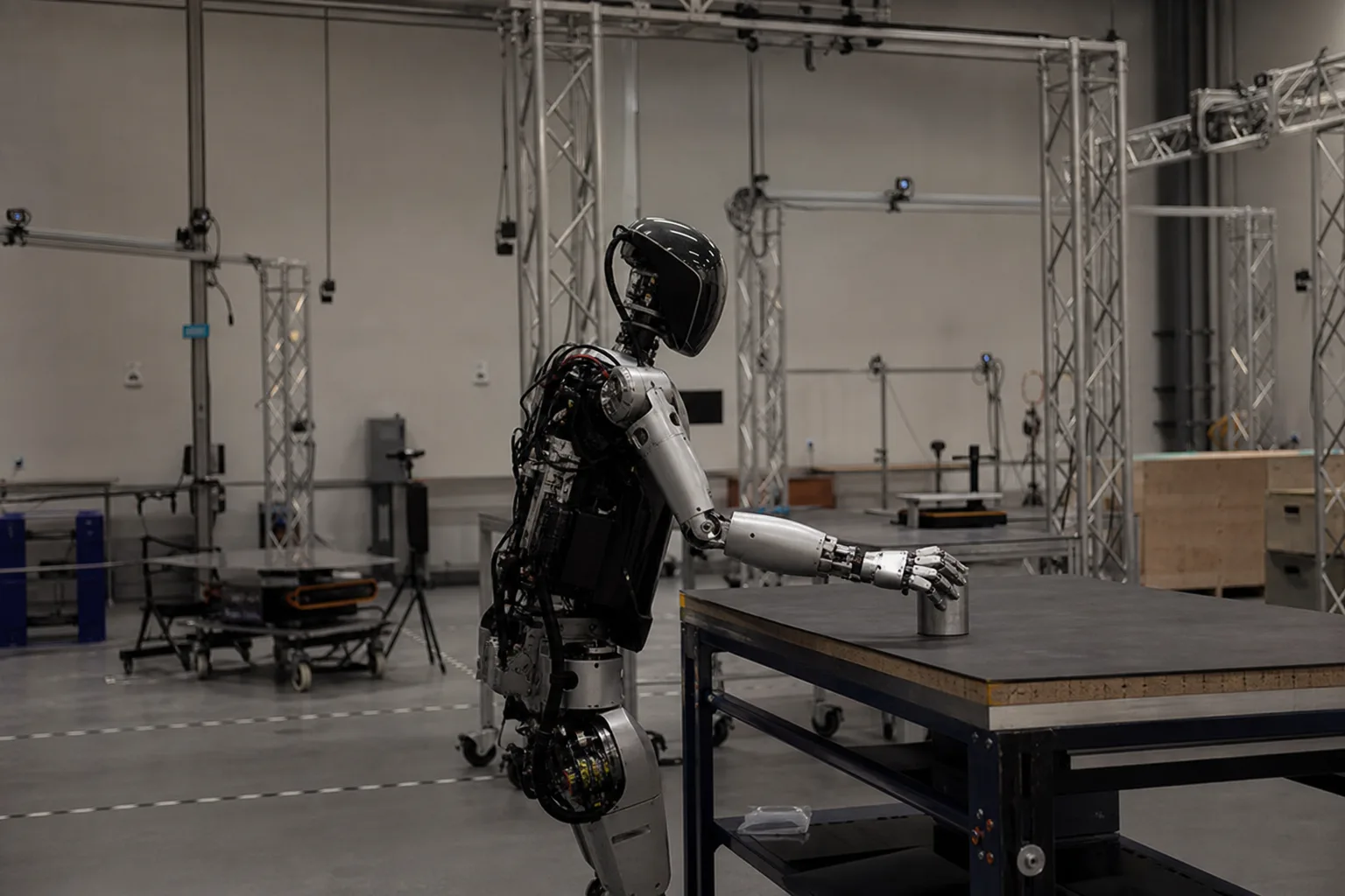 Humanoider Roboter an einer neutralen industriellen Arbeitszelle in einer kontrollierten Trainings- und Validierungshalle