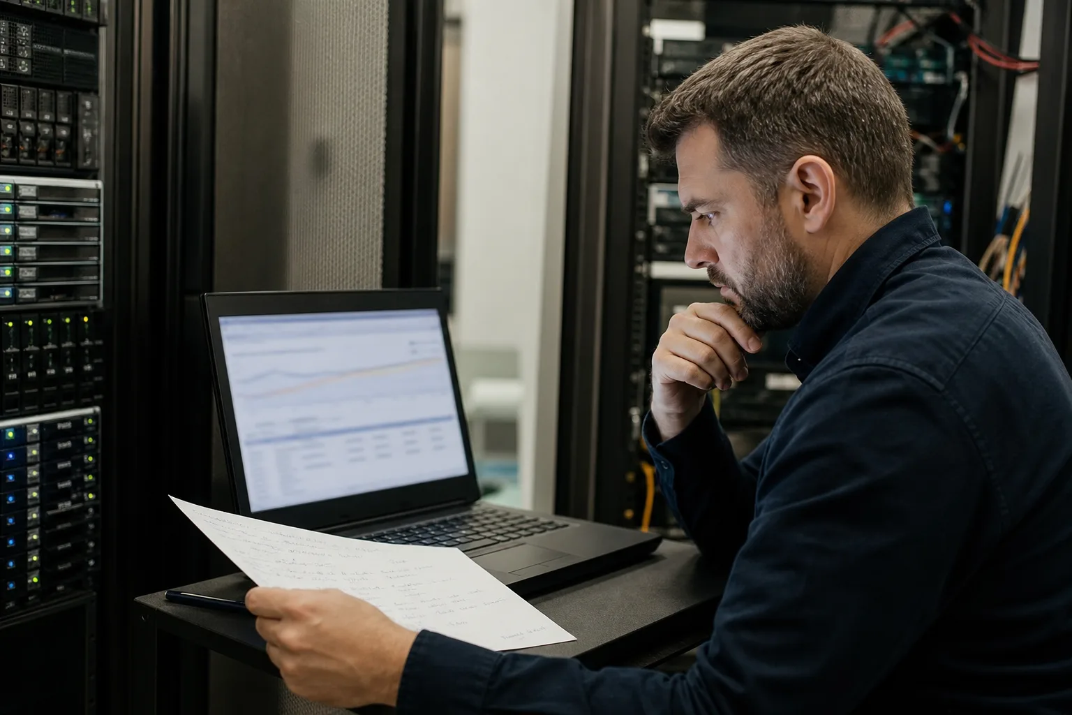 Administrator prüft an einem neutralen Mailserver-Arbeitsplatz Konfiguration und mögliche Spuren eines früheren Zugriffs