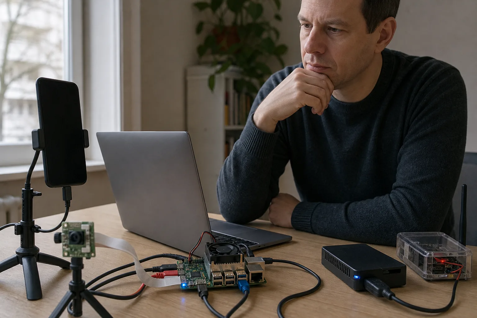 Unmarkiertes Smartphone, Einplatinencomputer und Laptop als lokale KI-Arbeitsumgebung auf einem Schreibtisch
