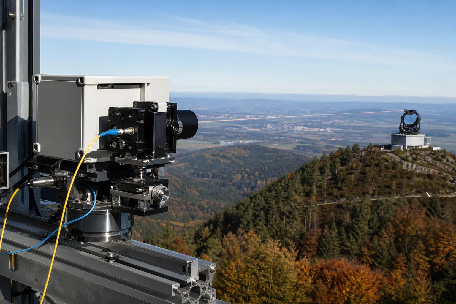 Zwei optische Forschungs-Terminals sind über eine freie Sichtlinie von rund 21 Kilometern verbunden