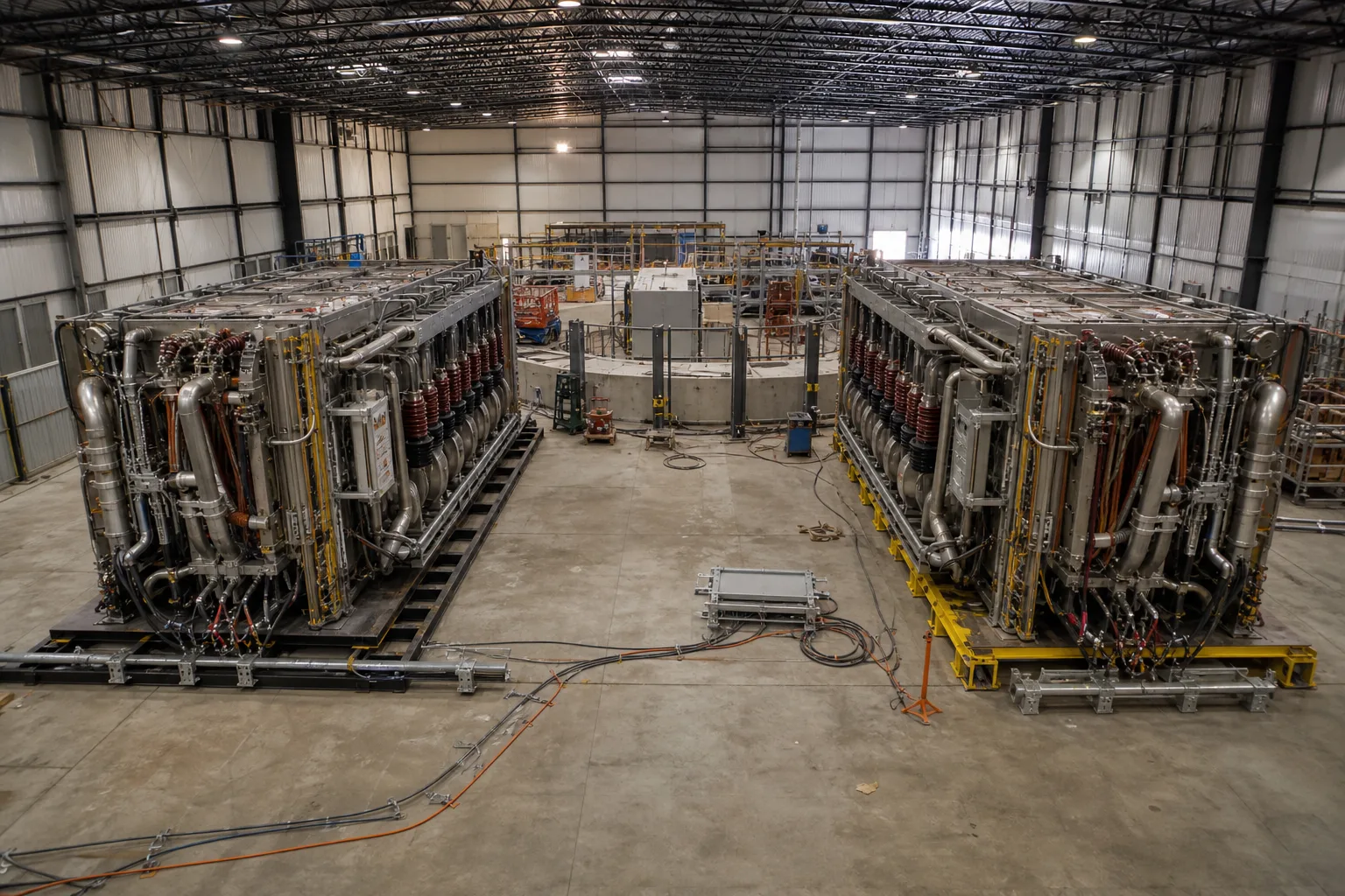 Zwei große Marx-Generator-Module stehen in einer unfertigen Industriehalle neben dem Aufbau einer Fusionsversuchsanlage