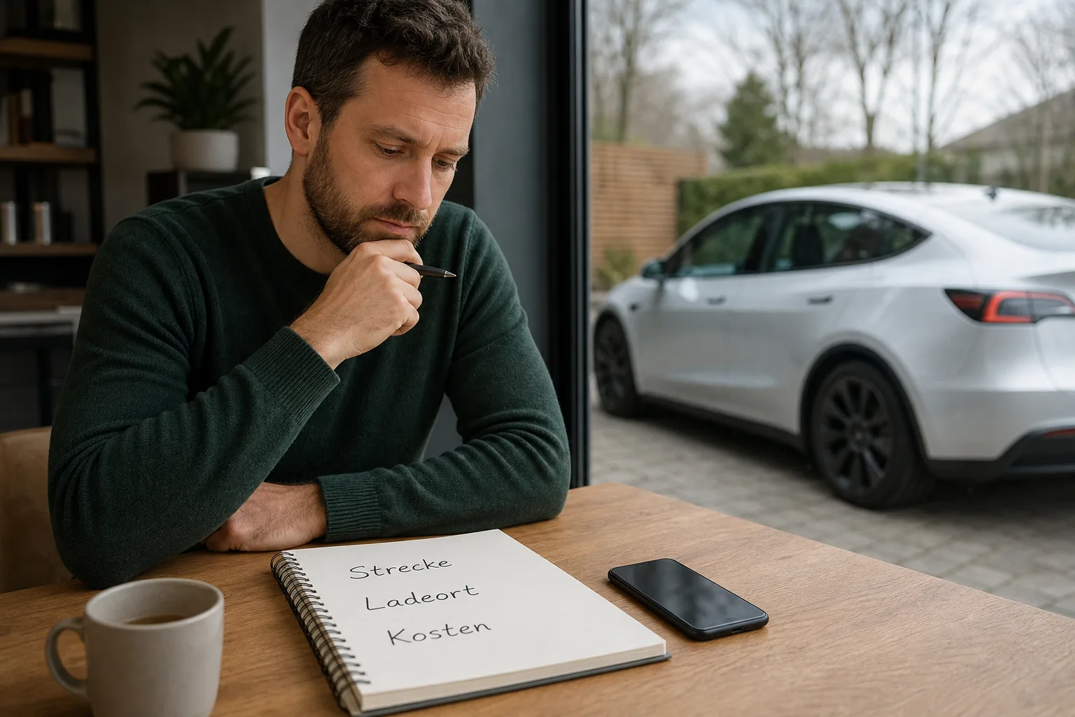 Person prüft an einem Schreibtisch Strecke, Ladeort und Kosten für den eigenen Elektroauto-Alltag